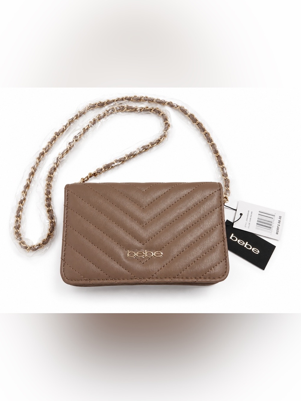 bebe Quilted Chain Crossbody Bag in Brown with Gold Hardware